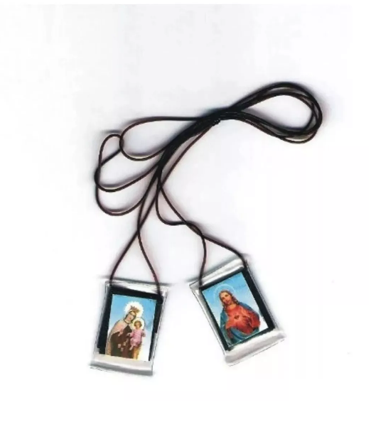 Brazilian Religious Necklace Scapular Plastic Brown Cord Jesus and Our Lady