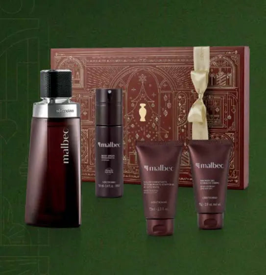 Malbec Gi ft Kit: Deodorant Cologne 100ml +Moisturizing deodorant body lotion 75ml + Deodorant body spray 100ml + Shower gel 75g and Gift box 30x21x6cm - o Boticario