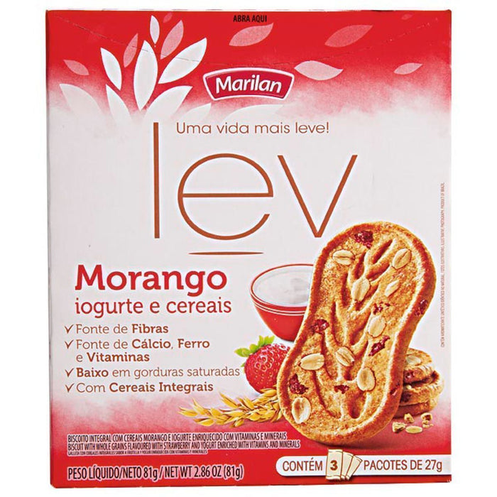 Biscoito MARILAN Lev Integral com Morango  e Iogurte 81g Pacote com 3 Unidades 27g Cada