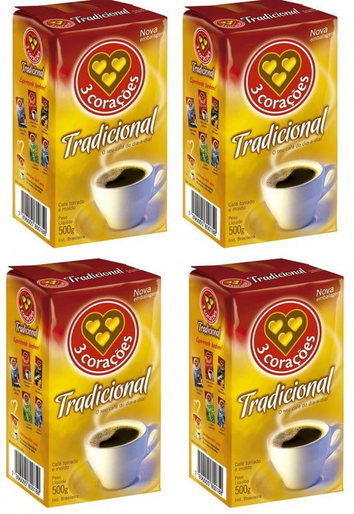 Roasted Ground Coffee Vacuum-Sealed Traditional 500g 3 CORAÇÕES (Pack of 4)