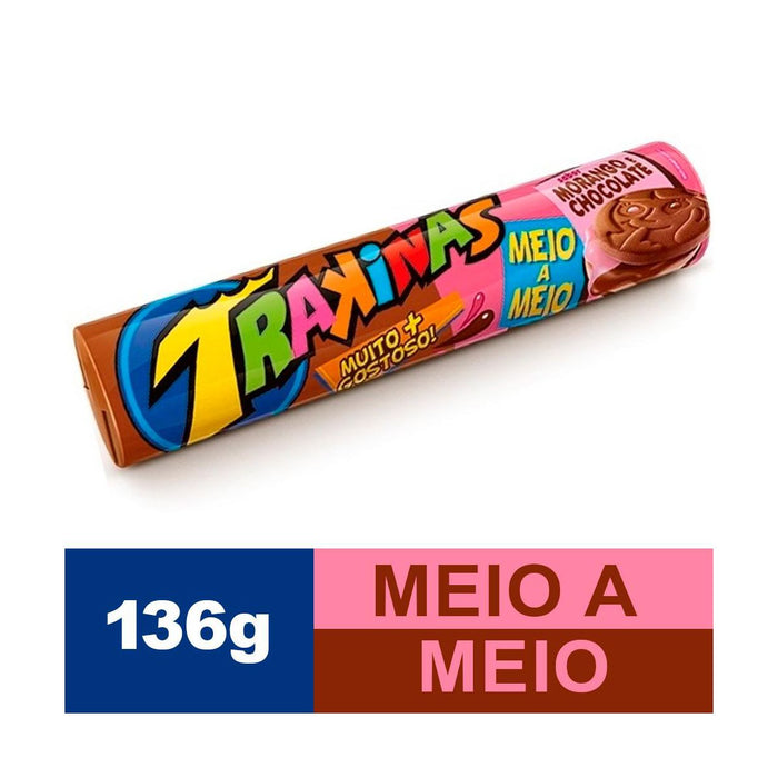 Biscoito TRAKINAS Recheado Meio Chocolate Meio Morango Pacote 136g