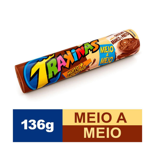 Biscoito TRAKINAS Recheado Meio Chocolate Branco Meio Chocolate ao Leite Pacote 136g