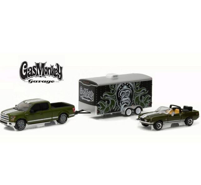 Gasmonkey Ford F-150 + Shelby Gt + 1:64 Greenlight Trailer Miniature Collection