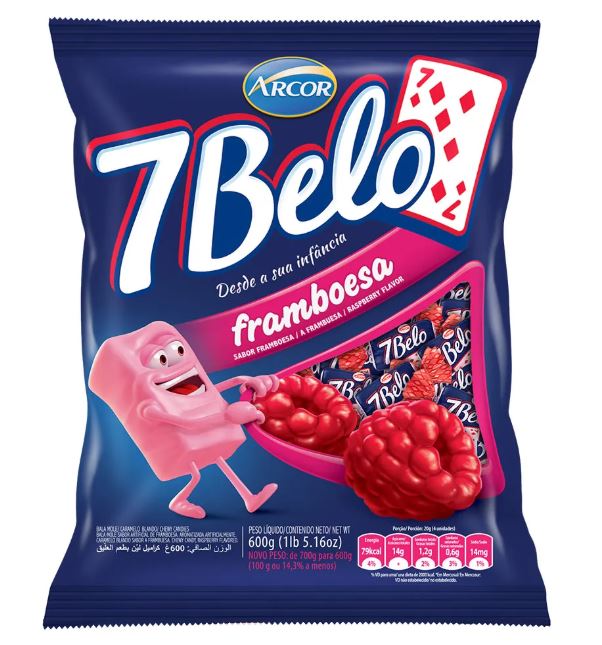 Brazilian Original 7 Belo Candy Raspberry Sweet Traditional 600g package - Arcor