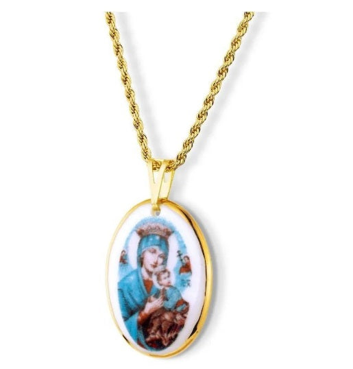 18k Gold Our Lady of Perpetual Help Religious Pendant Medal Necklace Acessories