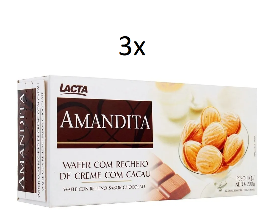 Lot of 3 Brazilian Original Lacta Amandica Chocolate Cocoa Cream Wafer 200g