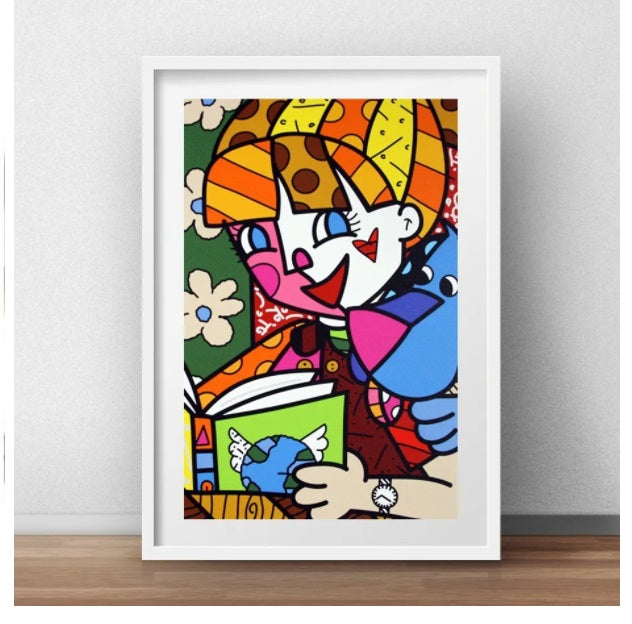 Brazilian Romero Britto Girl Reading Canvas Framework Decorative Collectible Art