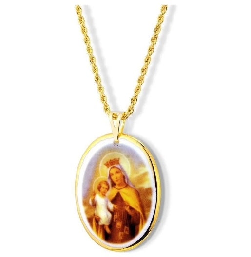 Necklace Pendant Medal Our Lady of Carmo Porcelain 28k Gold Nossa Senhora