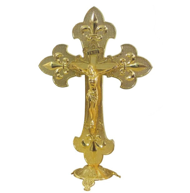 Brazilian Original Golden Stylized Table Crucifix 25cm Religious Articles Collectible