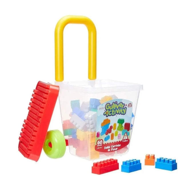 Brazilian Original Gulliver Activity Pushcart Bucket 50 Colorful Blocks Toy Kids