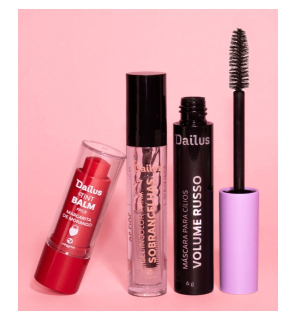 Dailus Tint Balm + Russian Volume Eyelash Mask + Eyebrows Gel Kit Makeup 4 Itens