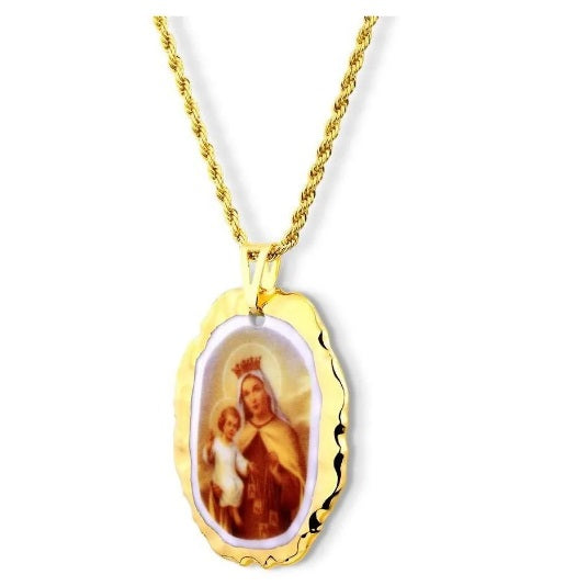 Necklace Pendant Medal Our Lady of Carmo Porcelain 28k Gold Nossa Senhora