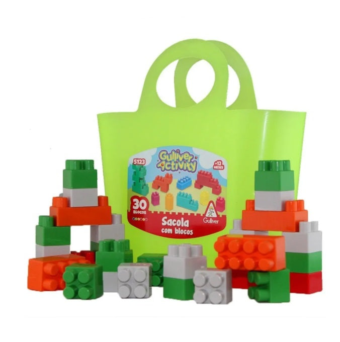 Brazilian Original Gulliver Mount Fit Blocks Green Bag Kids Play Toys 30 Pcs