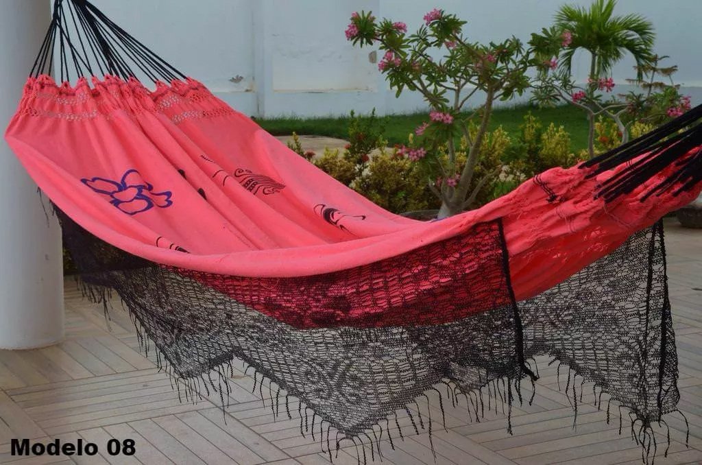 Pink Flower Indian Pattern Hammock - 9 ft by 4 ft - Handmade Woven Cotton