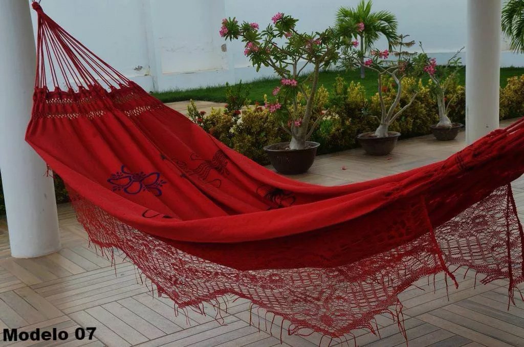 Hammock Red Flowers Pattern - 9 ft by 4 ft - Handmade Woven Cotton
