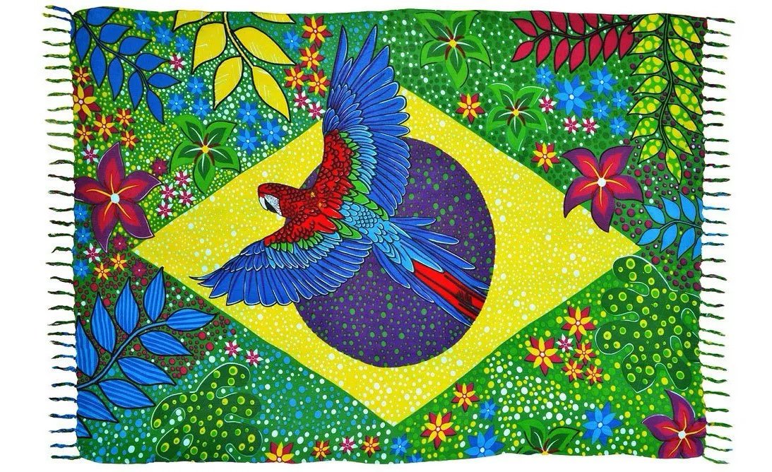 Brazilian Canga Beach Towel Sarong 100% Viscose  Original - Brasil Brazil Flag Nature Arara Macaw - 43" x 69" inches