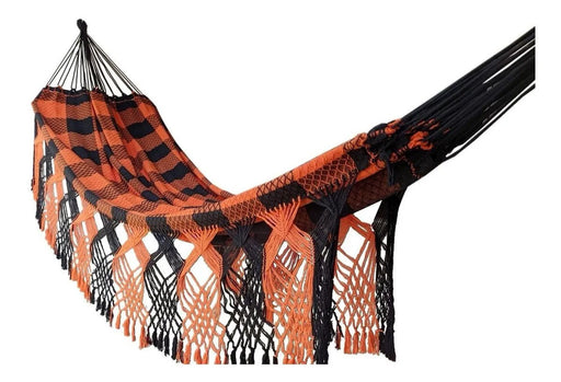 Orange Black Nailshead Pattern Luxury Hammock with macrame - 14ft x 5ft - Brazilian Premium Double Handmade w/ Natural Cotton